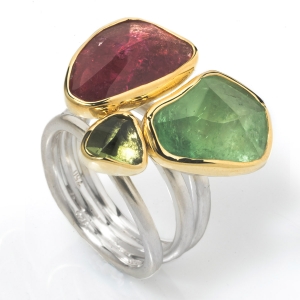 Triple Red & Green Tourmaline, Gold bezel & triple banded Silver ring