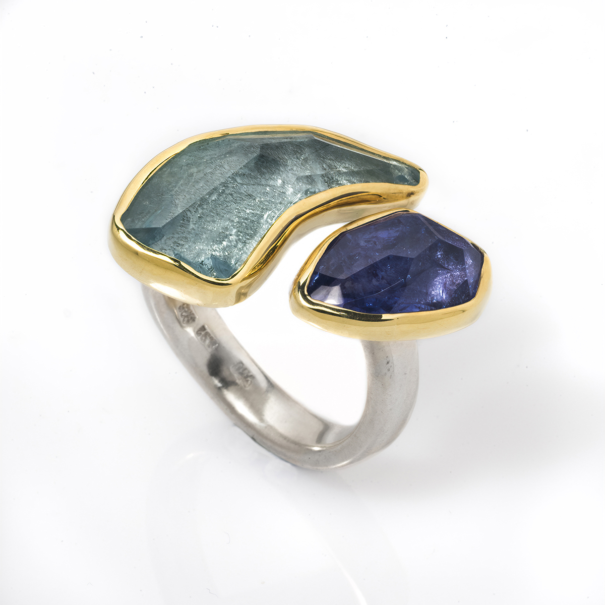 Light Blue Aquamarine, Violet Tanzanite, Gold bezel & Silver ring