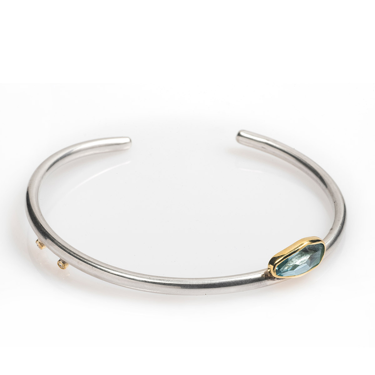 Aquamarine & Diamond Silver open cuff bracelet with Gold bezel