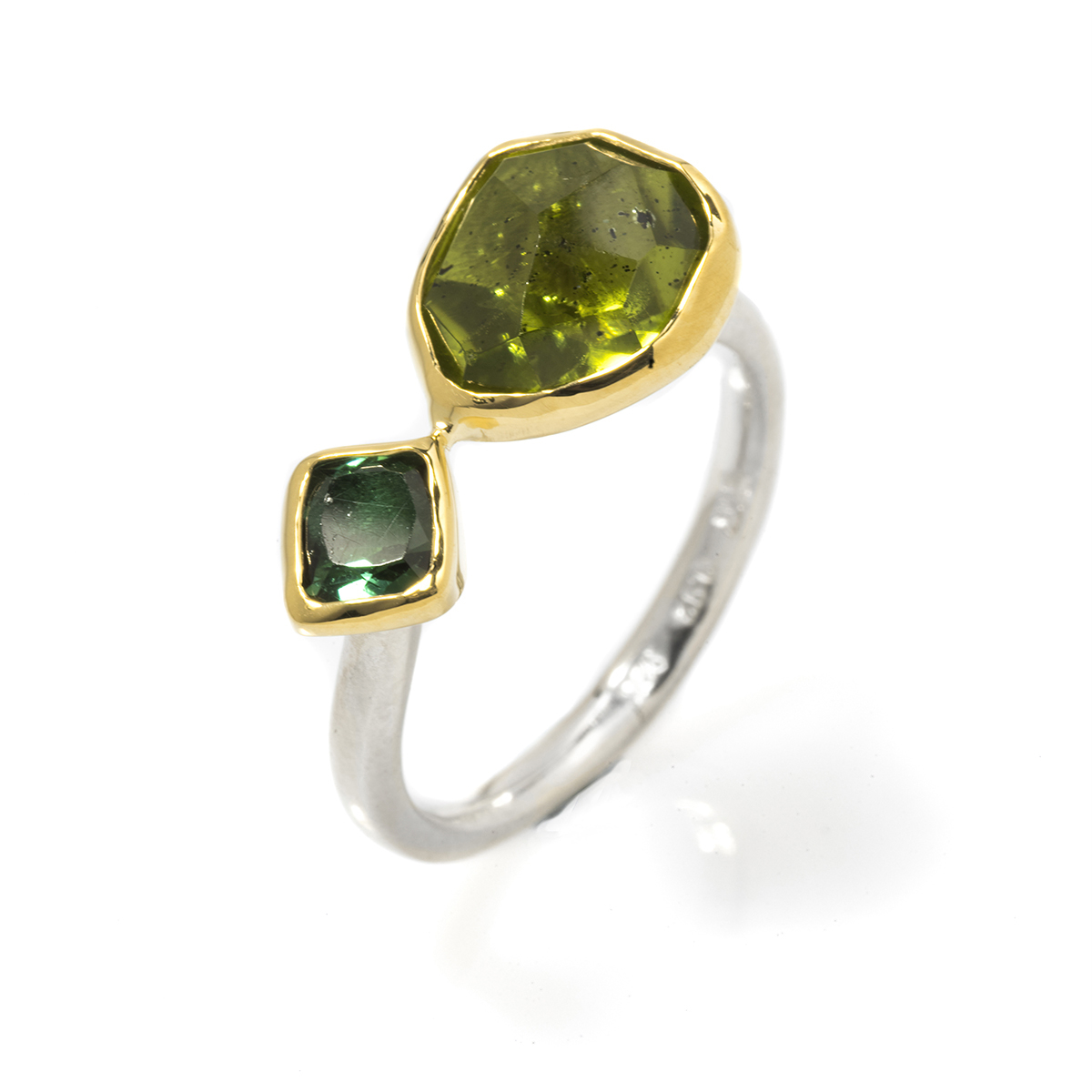 Peridot, Green Tourmaline, Gold bezel & Silver ring