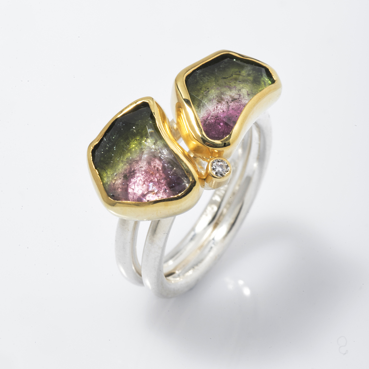 Bicolor Tourmalines, Diamond, Gold bezel & Silver ring