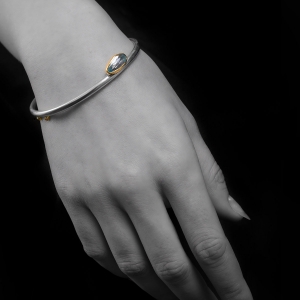 MODEL Aquamarine & Diamond Silver open cuff bracelet with Gold bezel