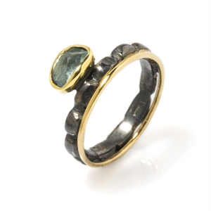 Aquamarine, Gold & textured Silver band ring