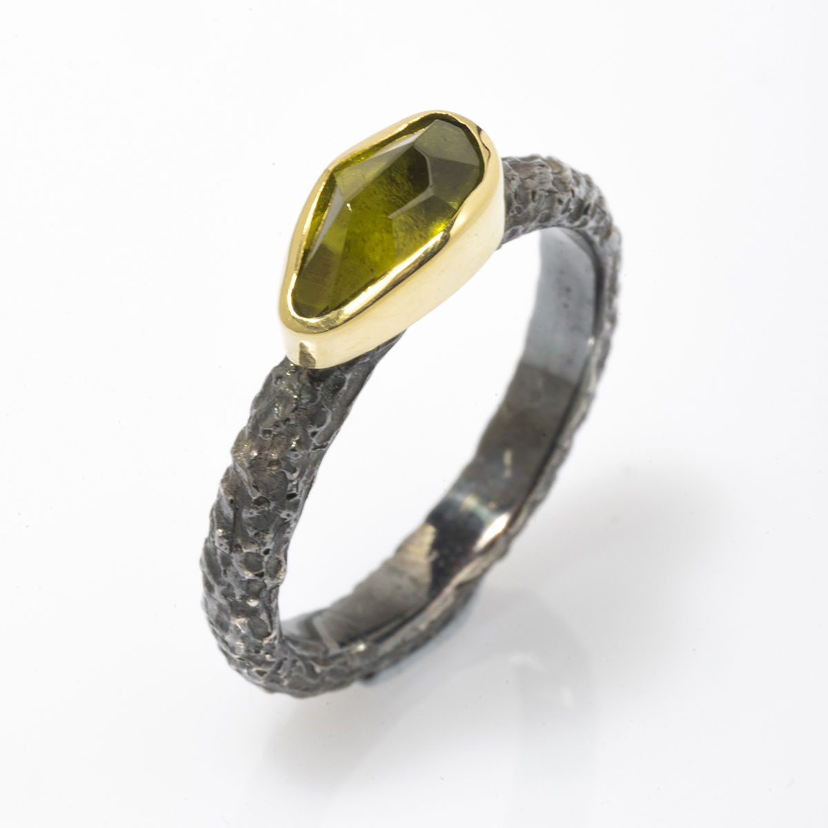 Yellow-Green Tourmaline, Gold bezel & oxidized Silver ring