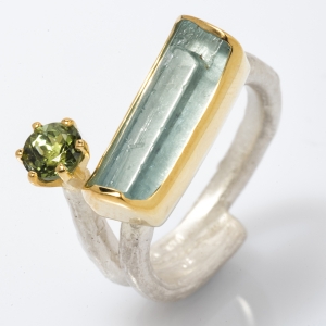 Aquamarine, Green Tourmaline, Gold bezel, Silver ring