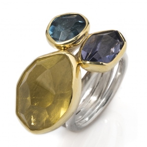 Heliodor, Iolite, Blue Topaz, Gold bezel & triple Silver banded ring
