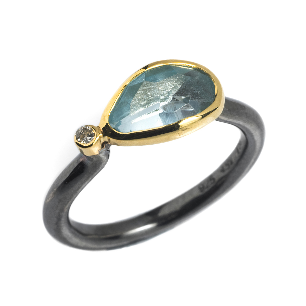 Aquamarine, Diamond, Gold bezel & oxidized Silver ring