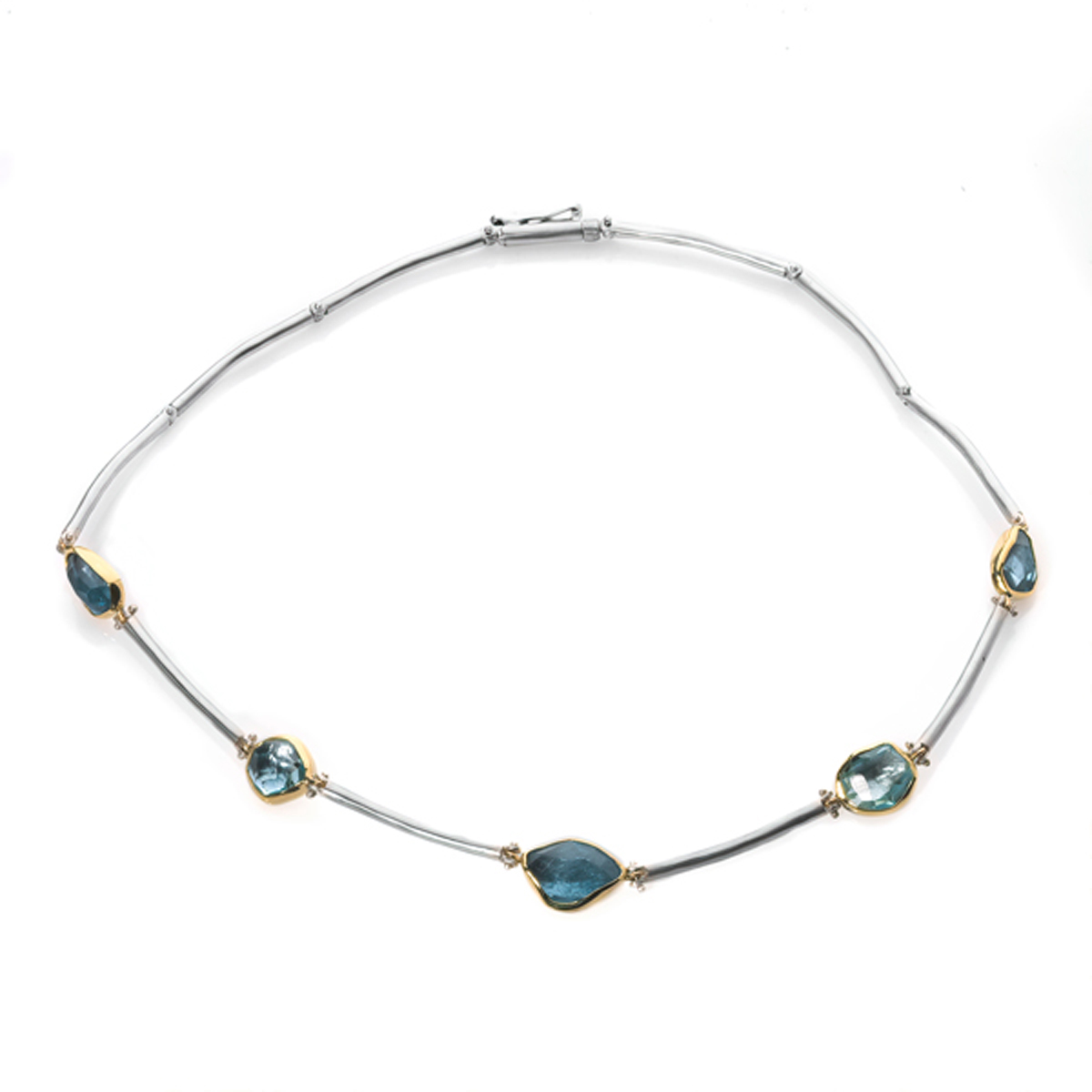 Five Aquamarine, Silver & Gold bezel necklace