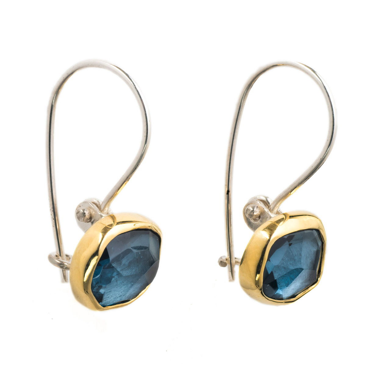 Blue Topaz hanging earrings in Gold bezel small
