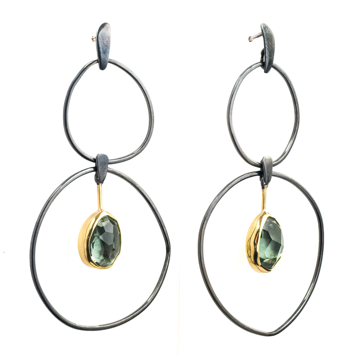 Green Amethyst double hoop oxidized Silver and Gold bezel earrings