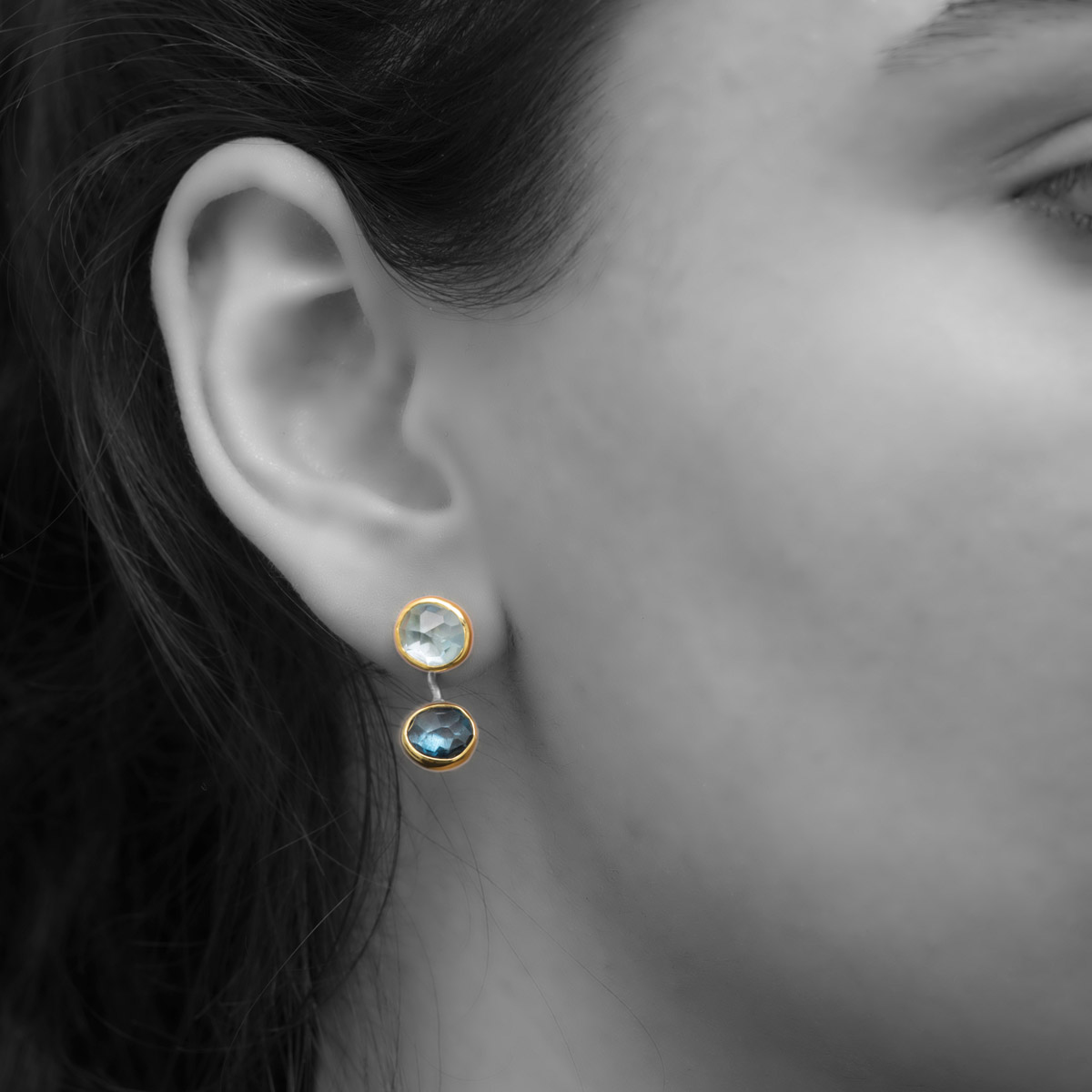 MODELAquamarine & Blue Topaz Gold drop earrings