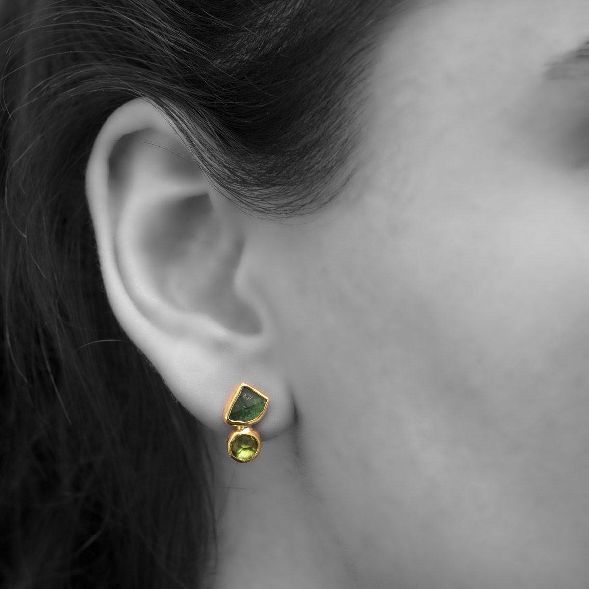 MODEL Peridot, Green Tourmaline & Gold earrings