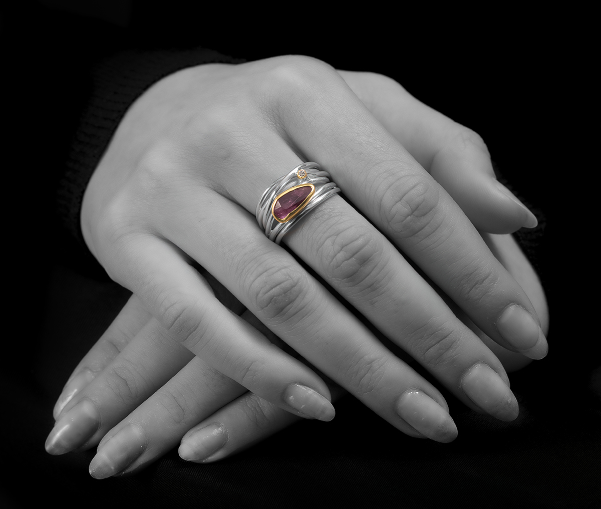 MODEL Pink Tourmaline, Diamond, Gold bezel & Silver wrap ring