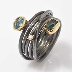 Blue Topaz, Green Tourmaline, Diamond, Gold bezel & oxidized Silver ring