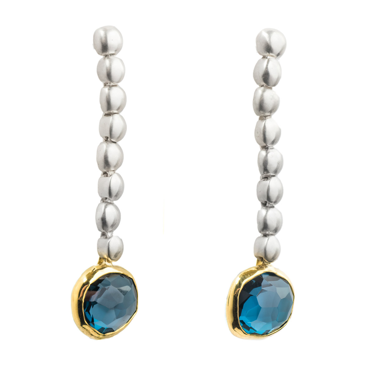 Silver bead Blue Topaz dangling earrings