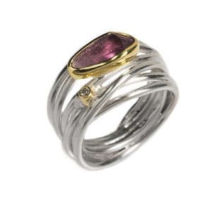 Pink Tourmaline, Diamond, Gold bezel & Silver wrap ring