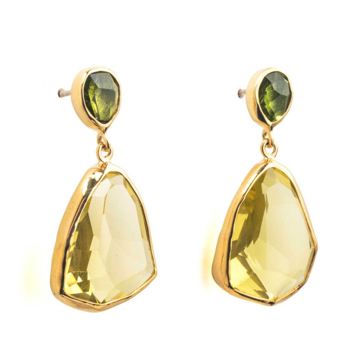 Peridot, Lemon Quartz & Gold bezel drop earrings