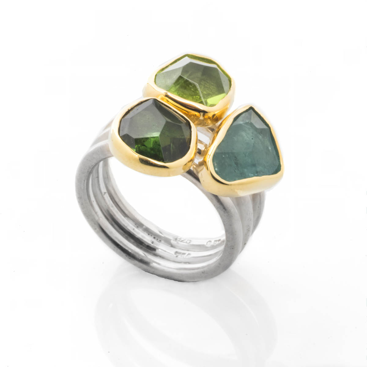 Green & Blue Tourmaline, Peridot, Gold bezel & Silver three band ring