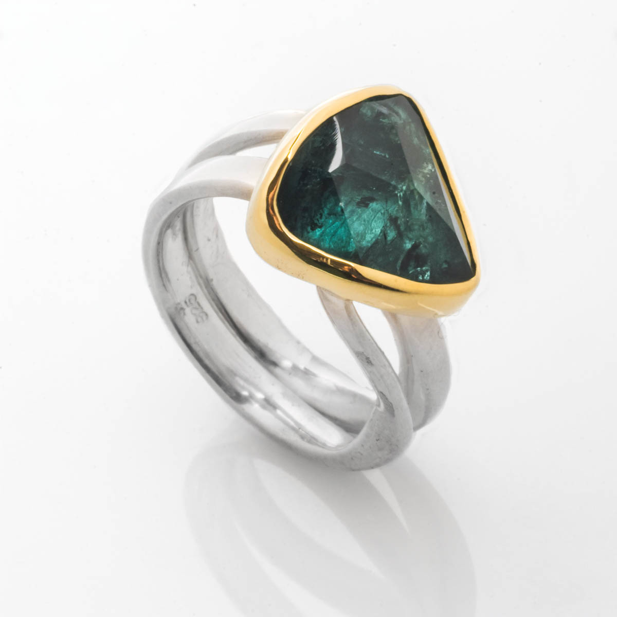 Green Tourmaline, Gold bezel & Silver double banded ring