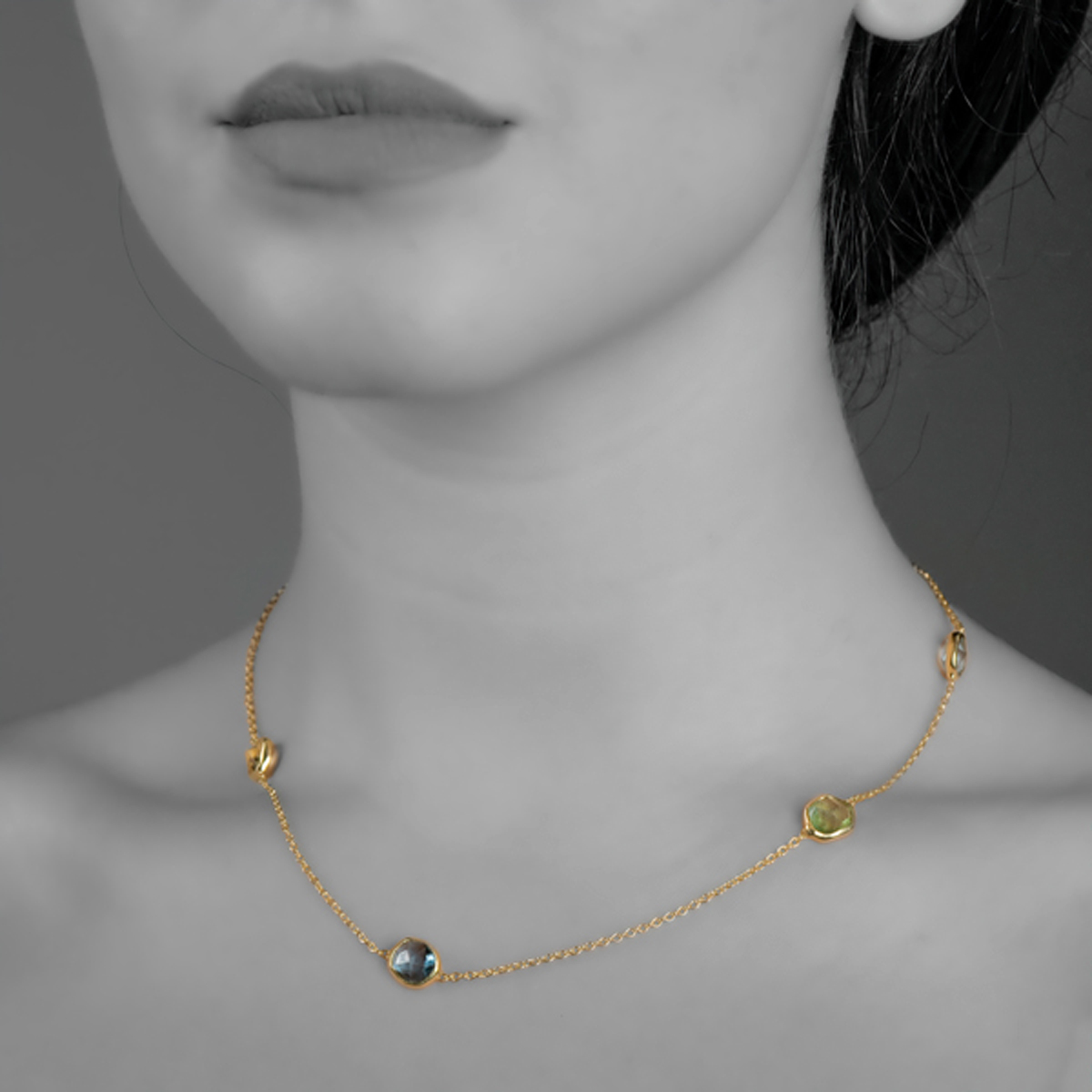 MODEL Citrine, Blue Topaz, Peridot, Aquamarine & Gold necklace