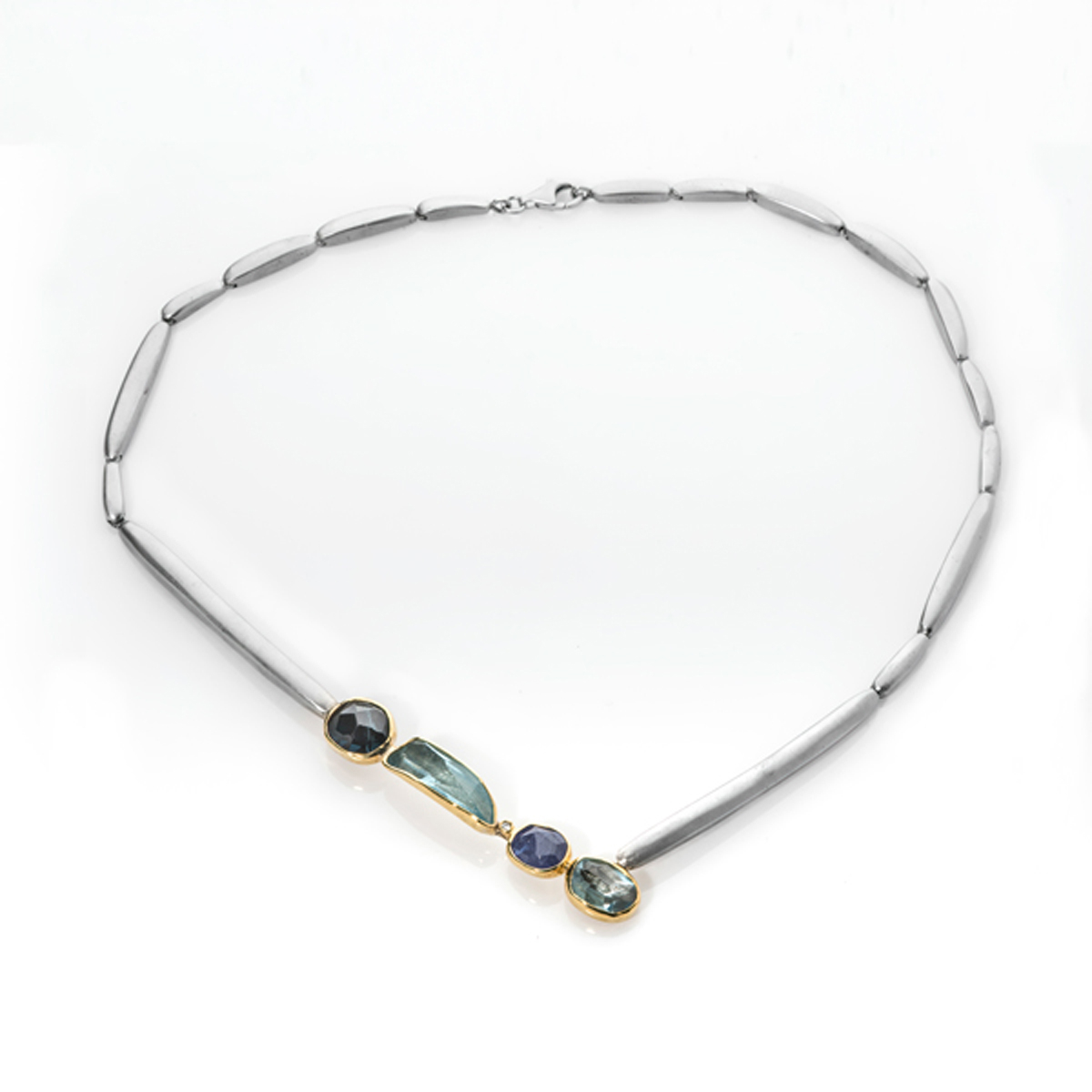 Blue Topaz, Aquamarine, Tanzanite, Gold bezel & Silver necklace