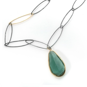 Green Amethyst, Gold bezel & oxidized Silver necklace
