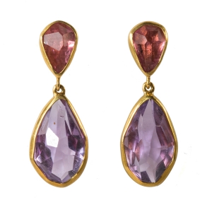 Pink Tourmaline, Amethyst & Gold bezel earrings