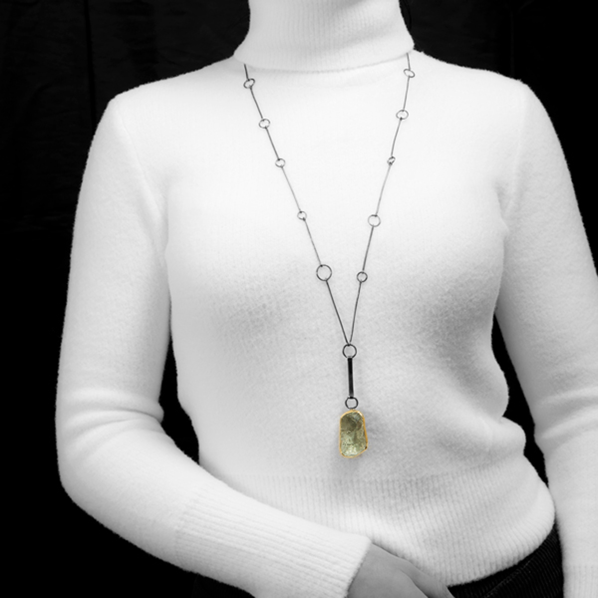 Green Amethyst, Silver & Gold Bezel long necklace _DSC5599
