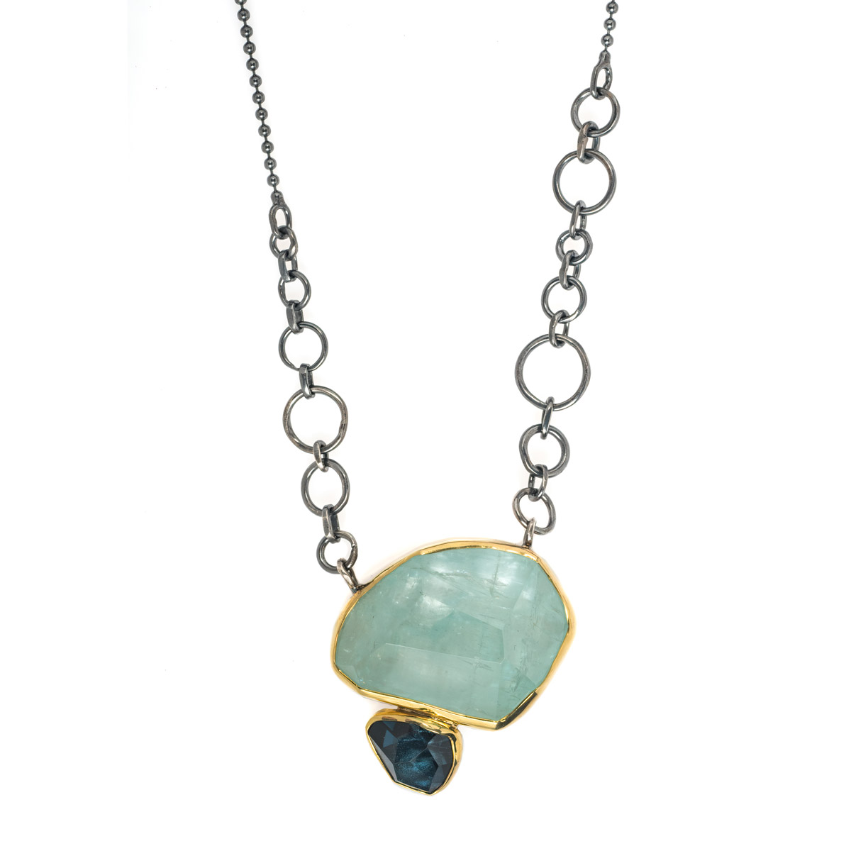 Aquamarine, Blue Topaz, Gold bezel & Silver long necklace