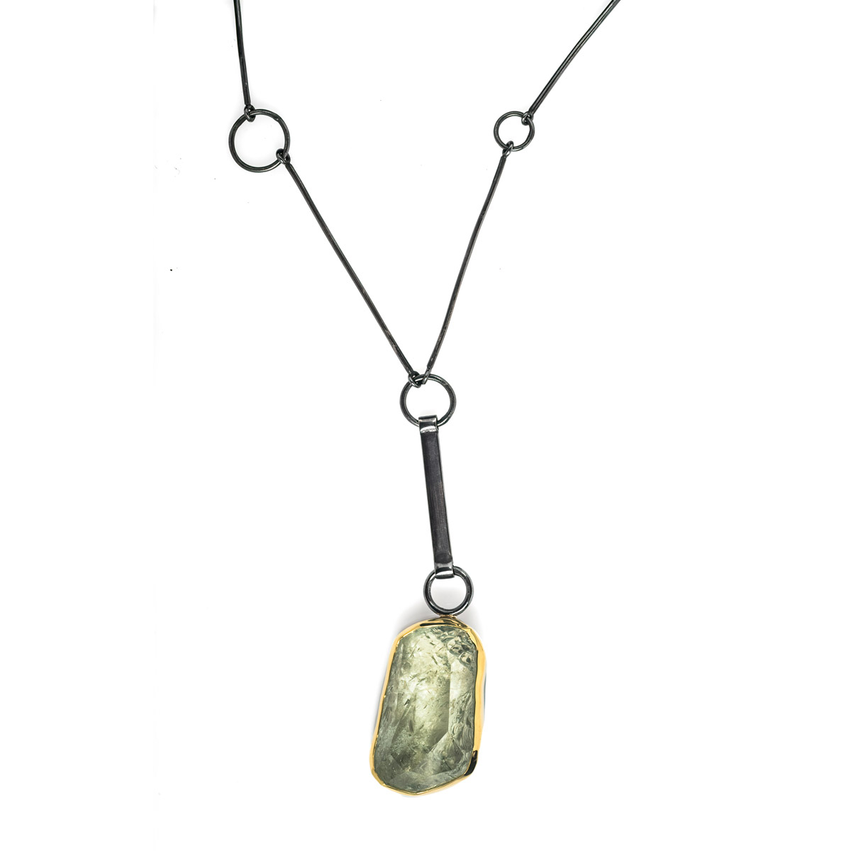 Green Amethyst, Silver & Gold Bezel necklace