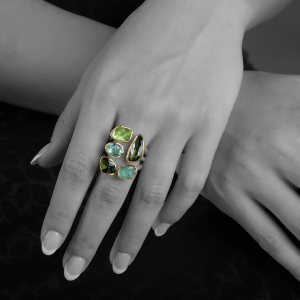 MODEL Tourmaline, Peridot, Green Amethyst, Silver & Gold bezel ring