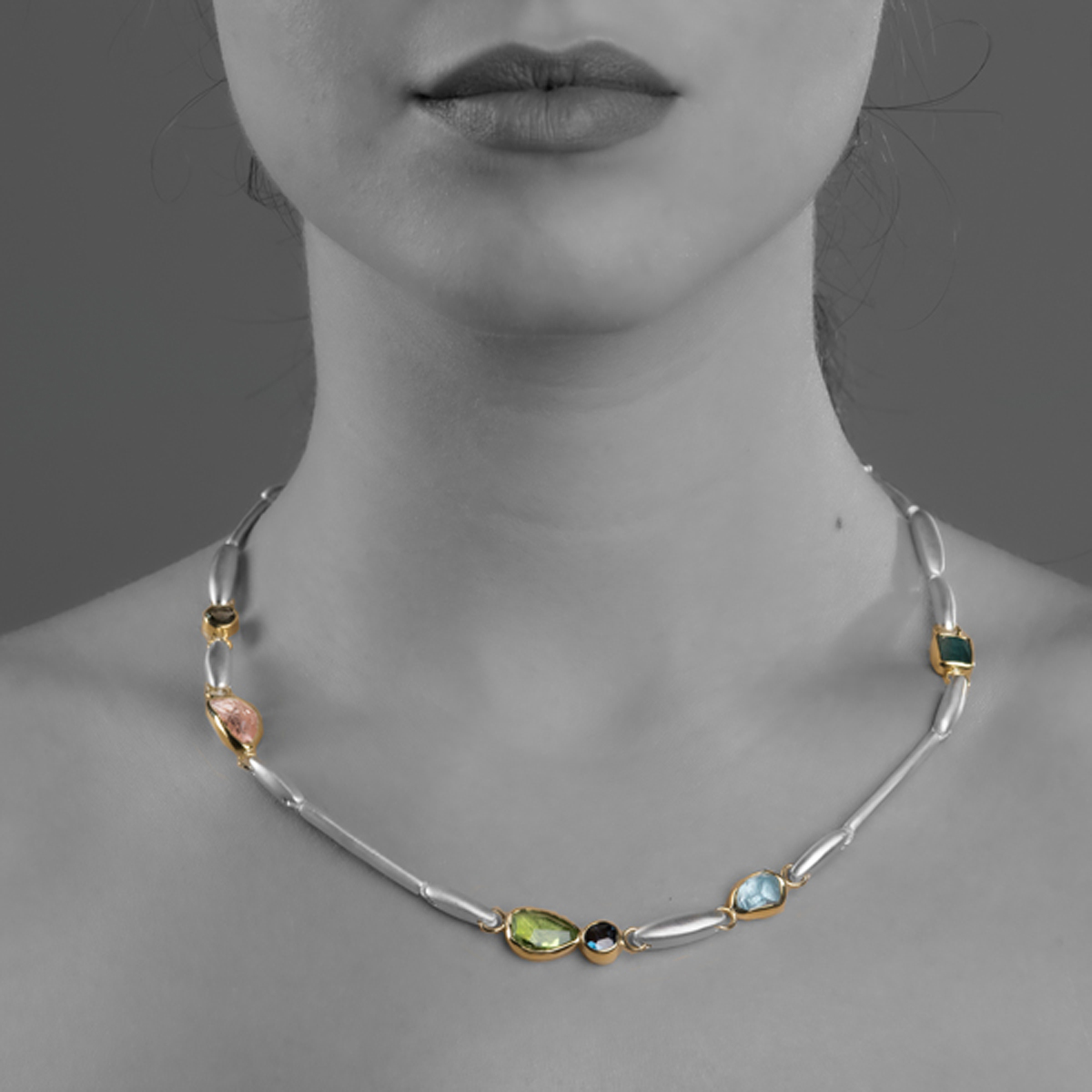 MODEL Green Tourmaline, Morganite, Blue Topaz, Aquamarine, Gold & Silver necklace