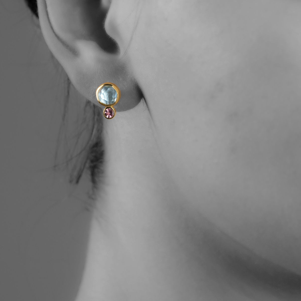MODEL Aquamarine, Pink Tourmaline & Gold earrings