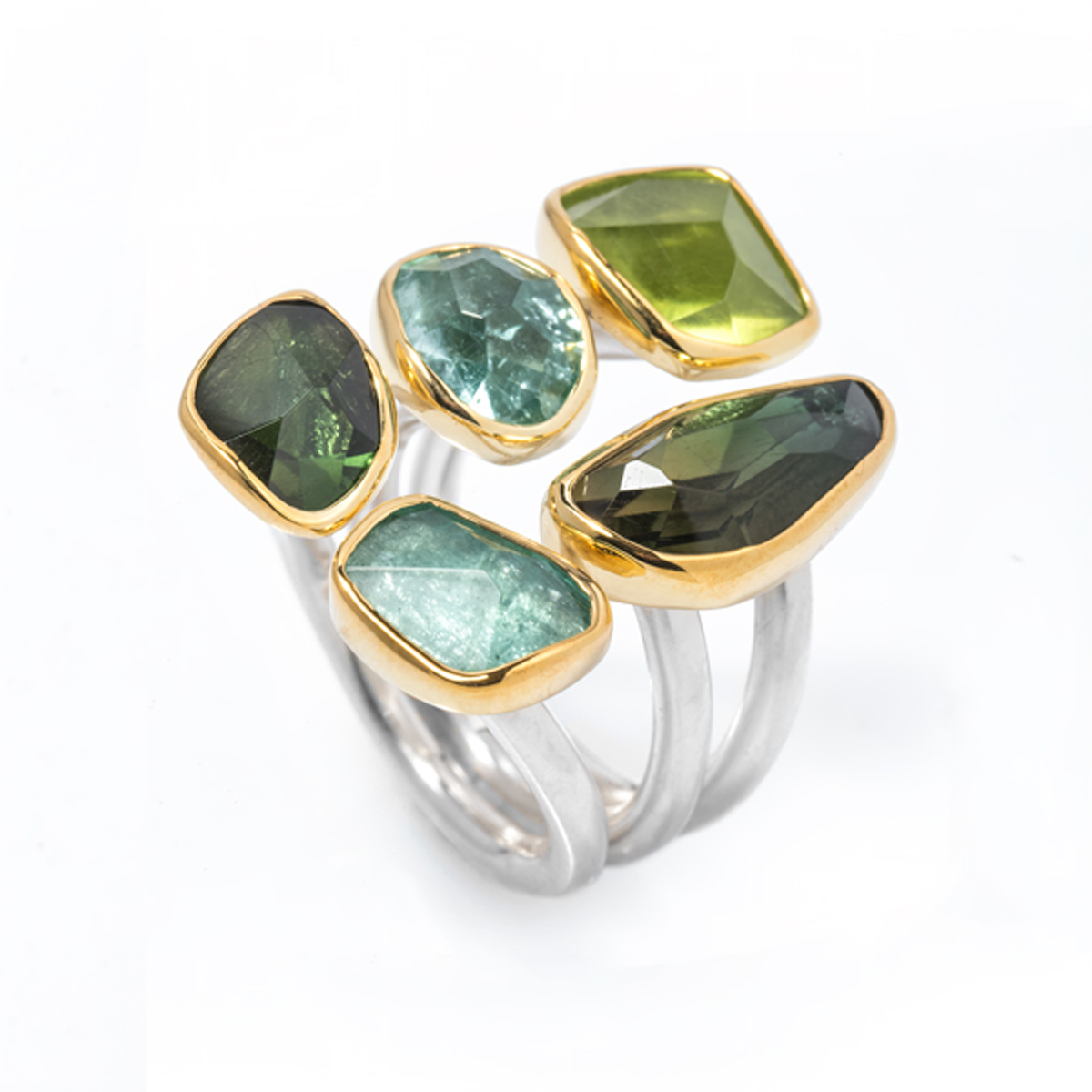 Tourmaline, Peridot, Green Amethyst, Silver & Gold bezel ring