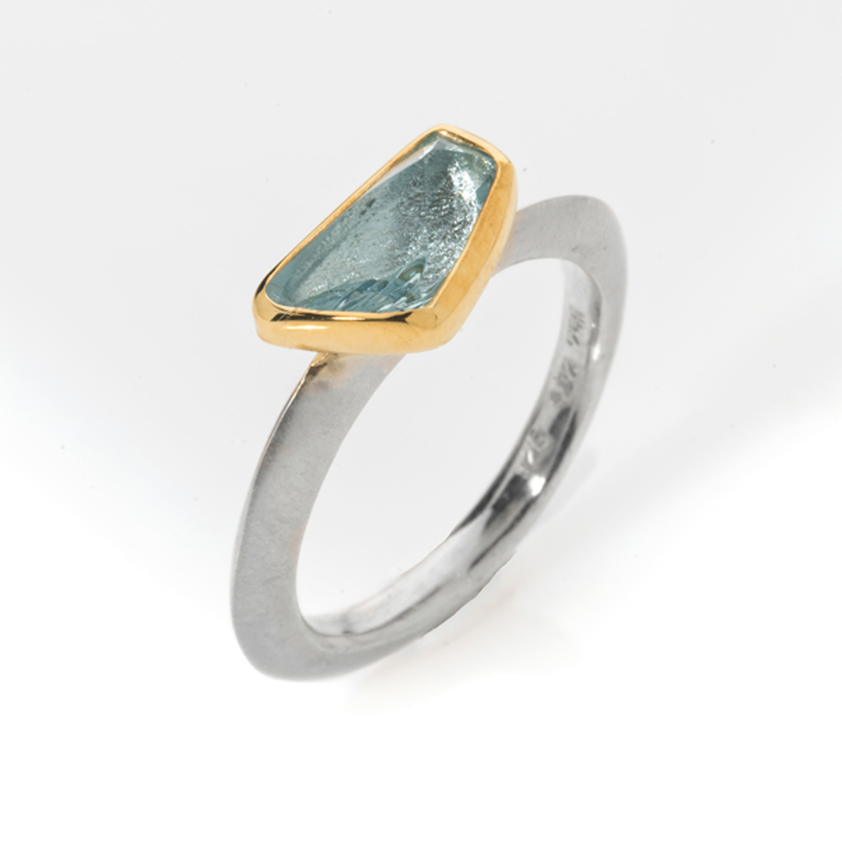 Aquamarine, Silver & Gold bezel ring