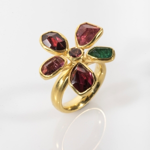 Five Tourmalines & Gold flower ring