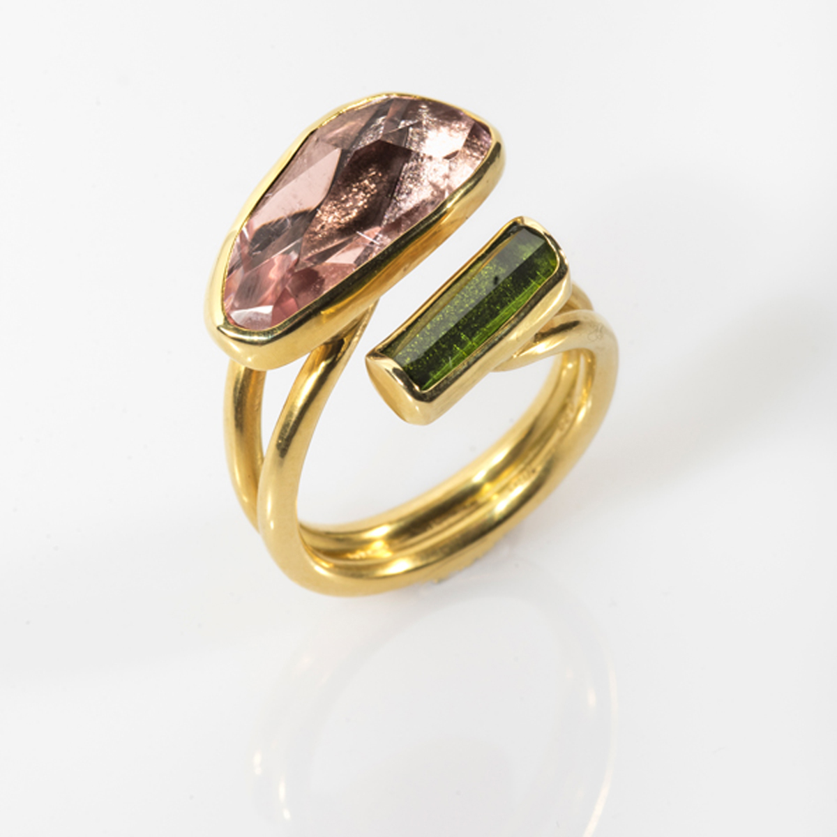 Morganite, Green Tourmaline & Gold ring