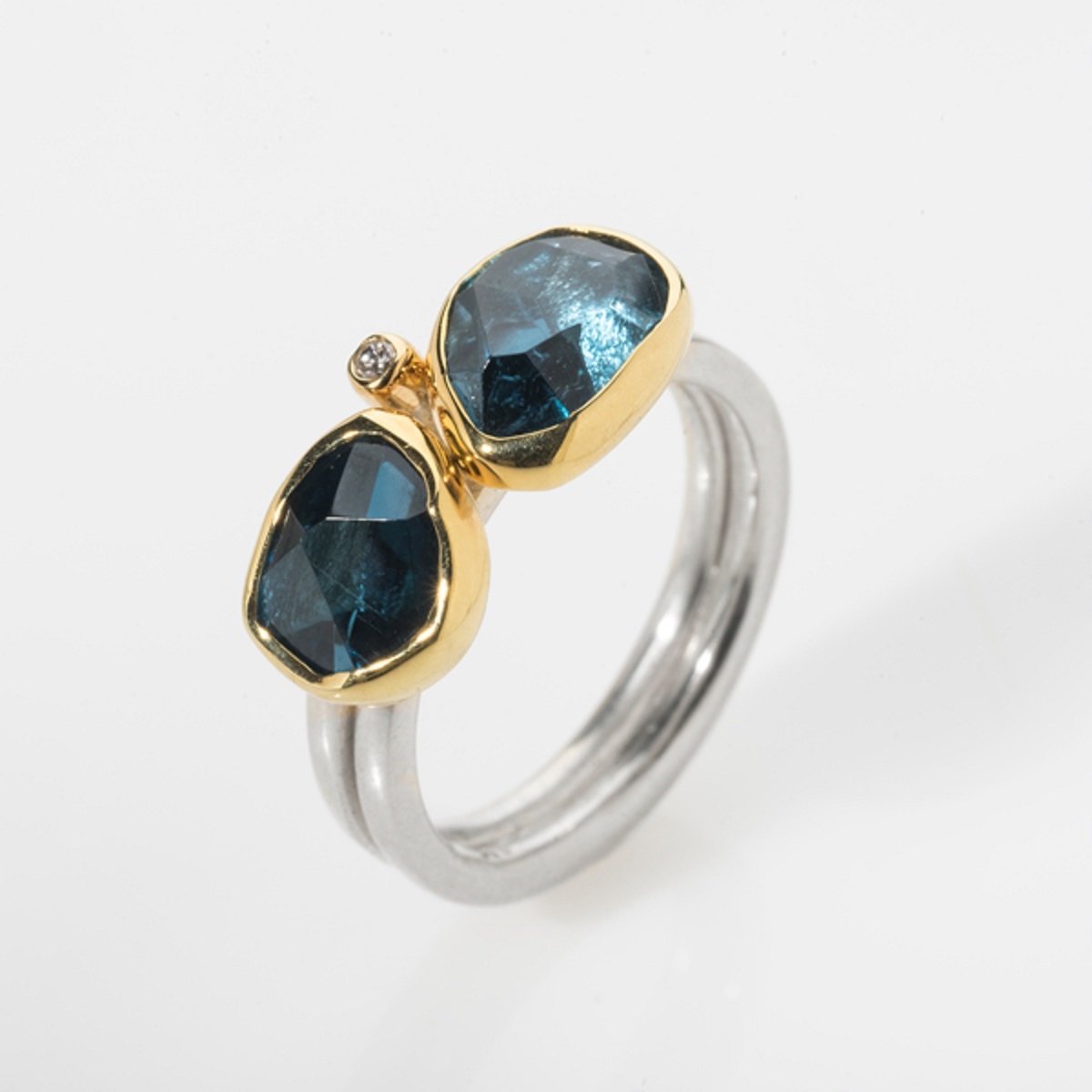 Blue Topaz, Aquamarine, Brilliant, Silver & Gold bezel ring