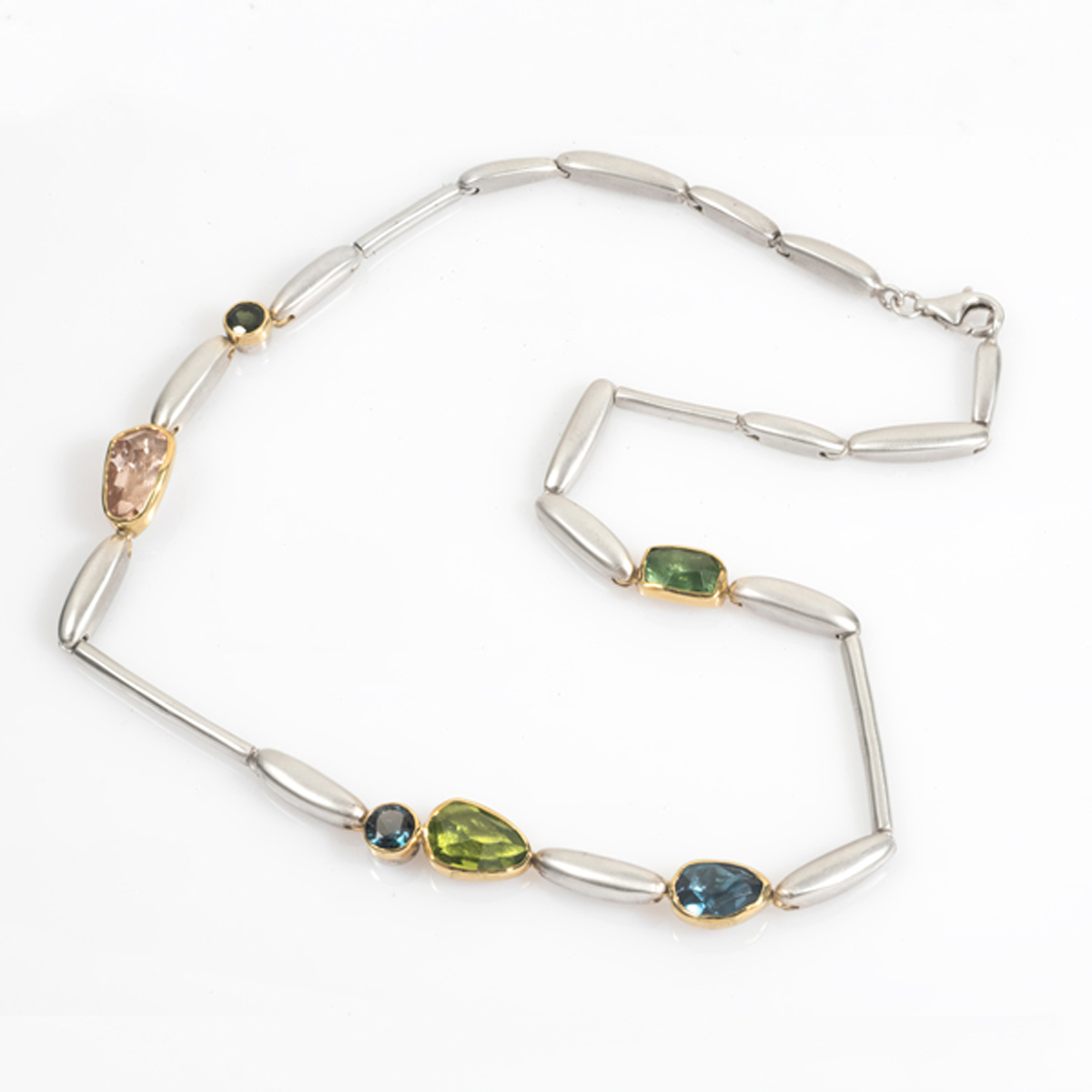 Green Tourmaline, Morganite, Blue Topaz, Aquamarine, Gold & Silver necklace