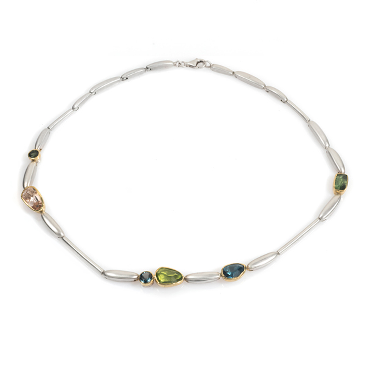 Green Tourmaline, Morganite, Blue Topaz, Aquamarine, Gold & Silver necklace