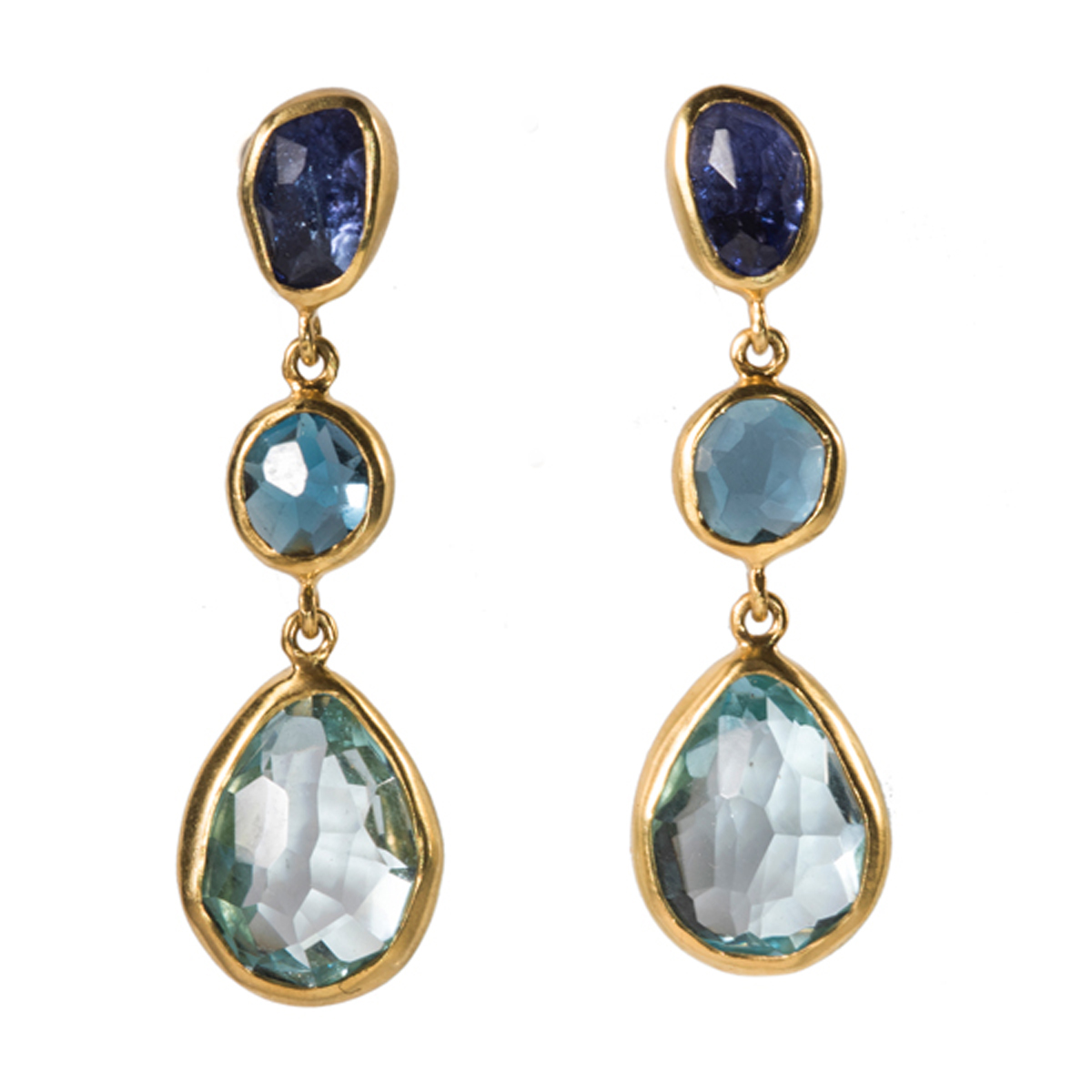 Tanzanite, Blue Topaz, Aquamarine & Gold dangling earrings