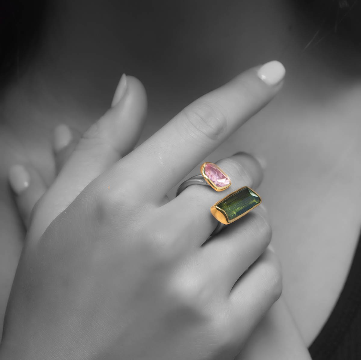 Pink & Green Tourmaline, Silver & Gold ring