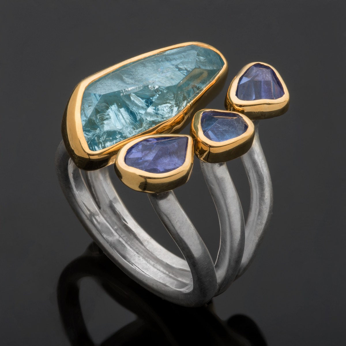 Aquamarine, Three Tanzanites, Gold & Silver ring