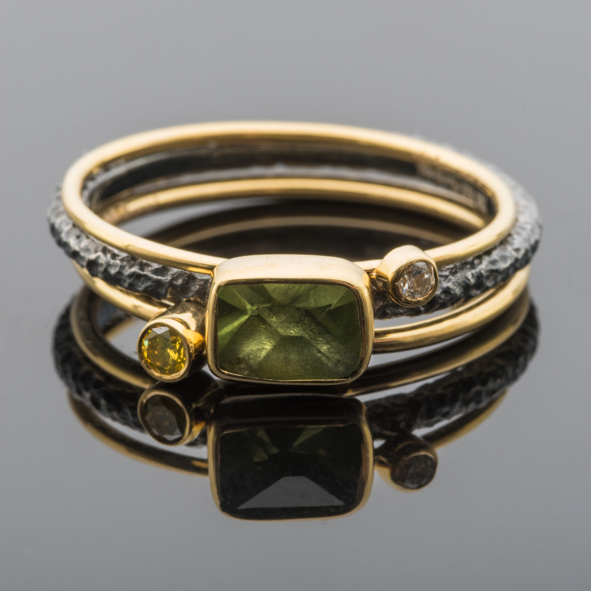 Silver, Gold, Green, Yellow Tourmaline, Diamond ring